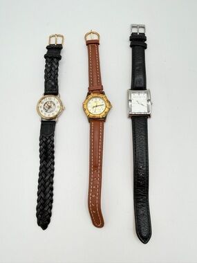 Three Vintage Leather Strap Watches Lot - Black & Brown Straps
